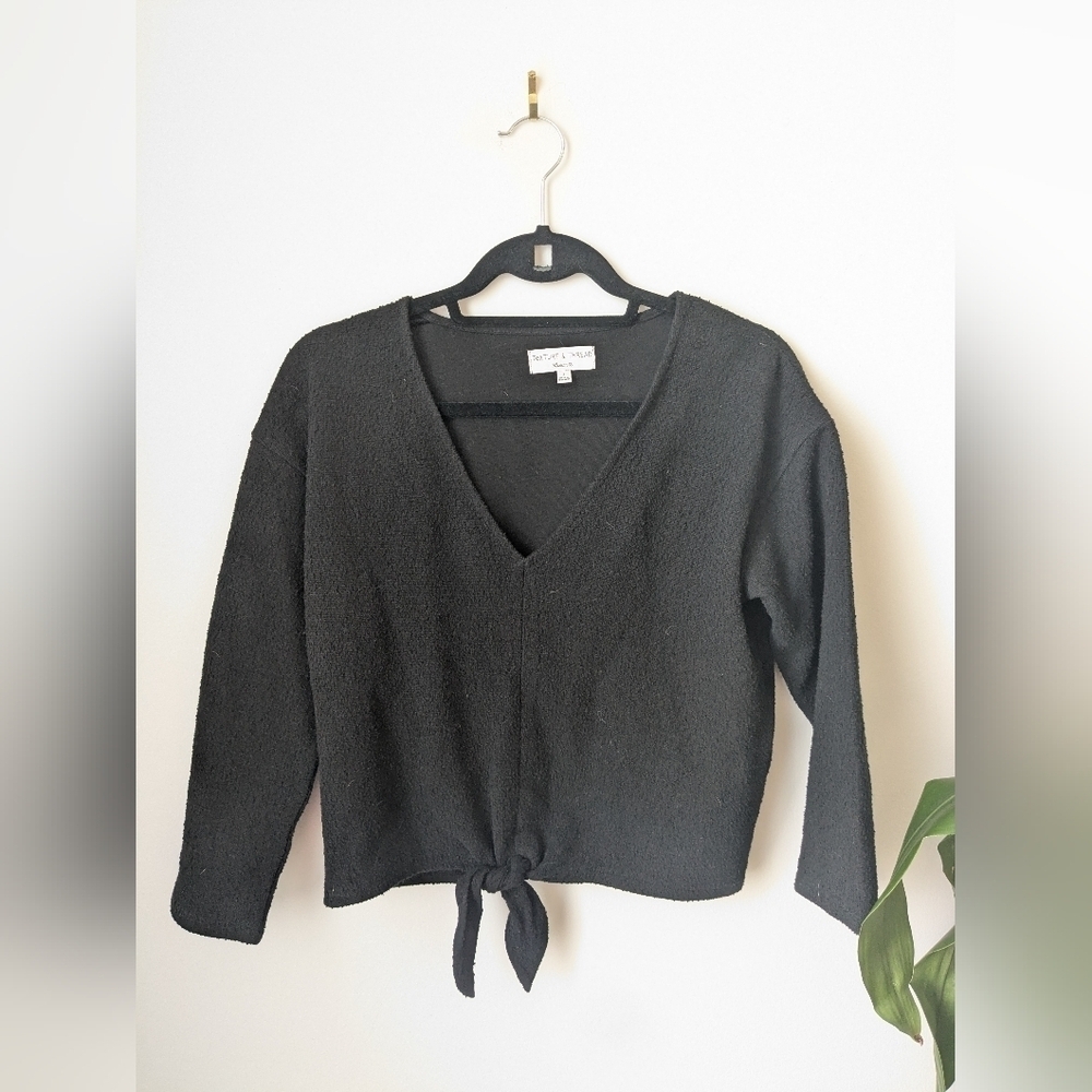 Madewell Texture & Thread Tie Front Long Sleeve Top – Black, Size Sm